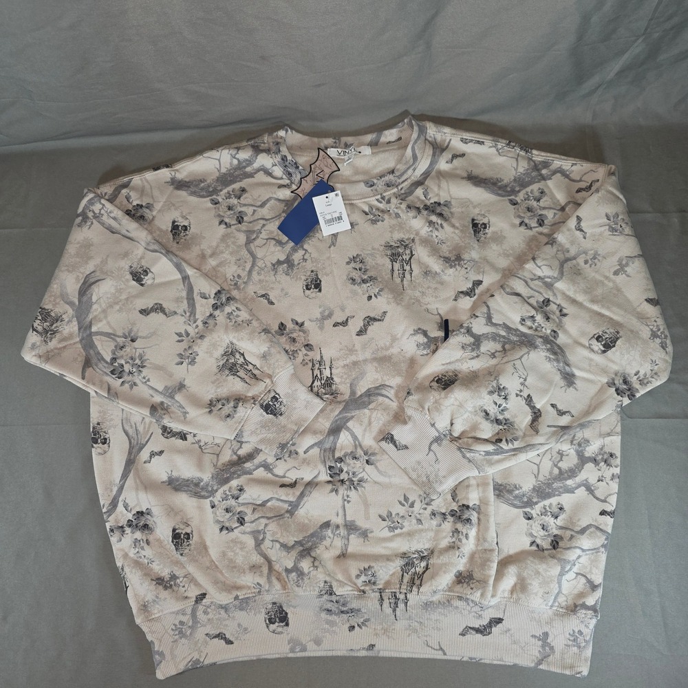 Vinyl Threads Gothic Toile Skull Bat Sweatshirt Gray TGJ3191C Large NWT